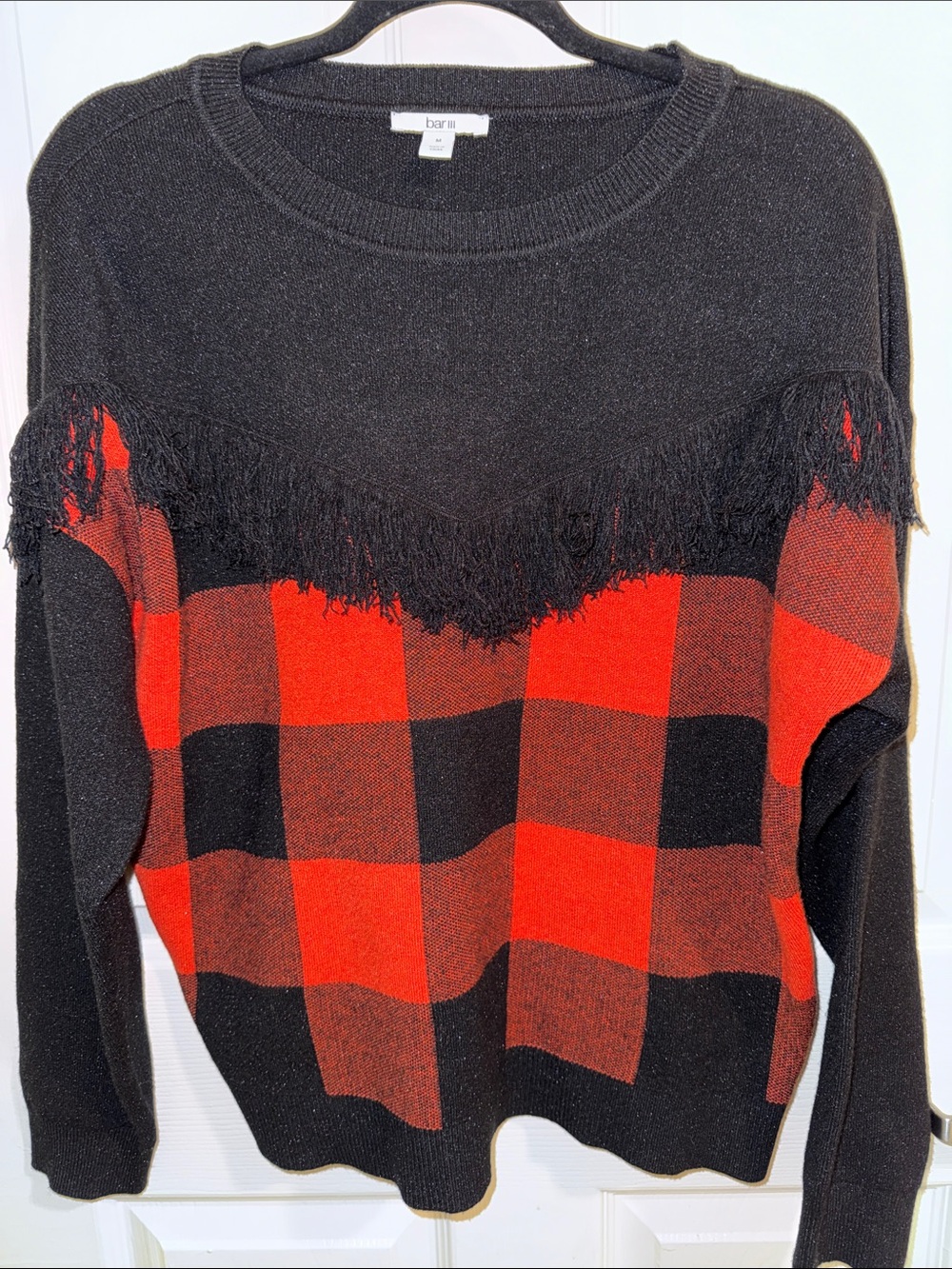 Bar III Black and Red Buffalo-Check Fringe Crewneck Sweater